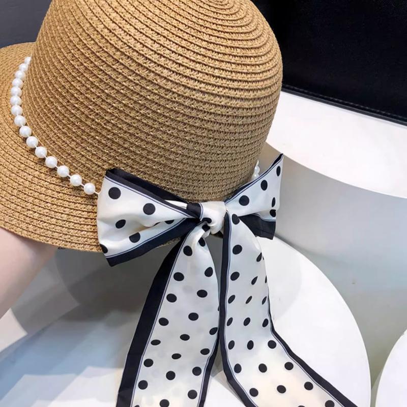 Elegant Pearl Bowknot Sun Hat for Women - Wide Brim, UV Protection Straw Bucket Cap with Chic French Style Design