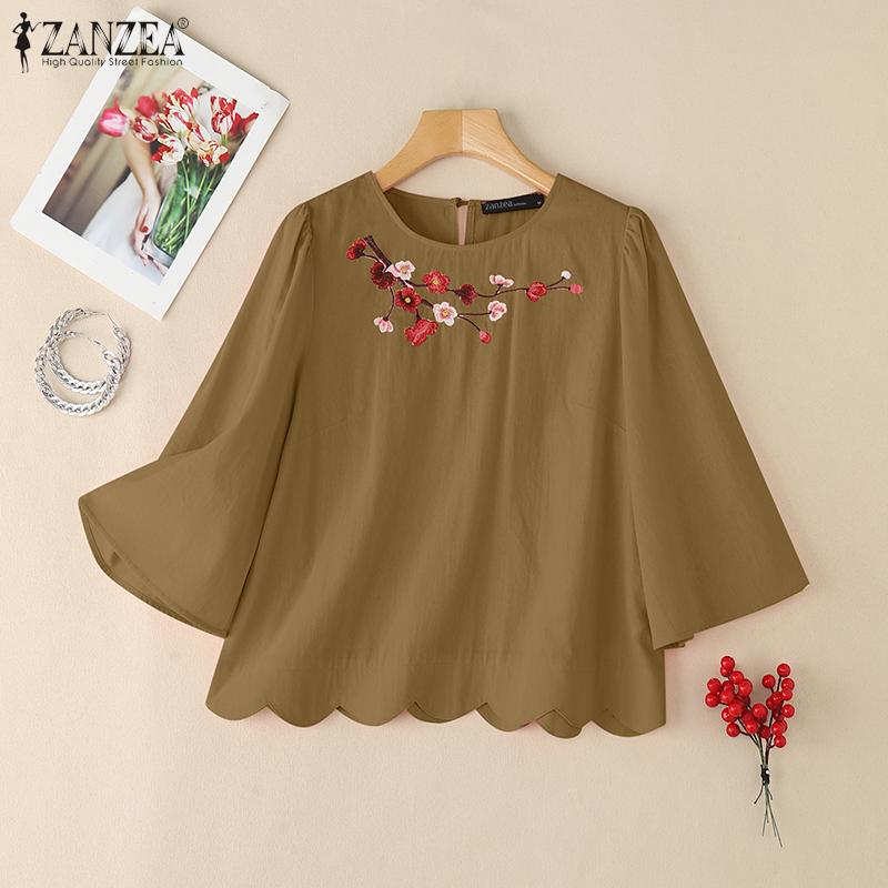 ZANZEA Women Casual Floral Embroidery Loose Summer 3/4 Sleeve Blouse
