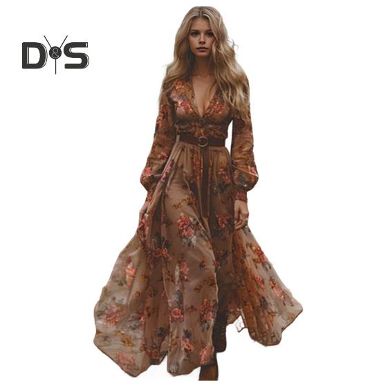 

Платье весна-осень с V-образным вырезом и цифровым цветочным принтом, плиссированное платье макси А-силуэта с длинными рукавами, пляжное платье для вечеринок и путешествий S темно-коричневого