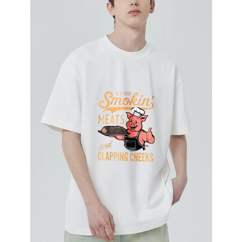Crewneck T Shirt Black Smokin Meats and Clapping Cheeks Pig Chef Graphic Print Casual Wear for Men and Women