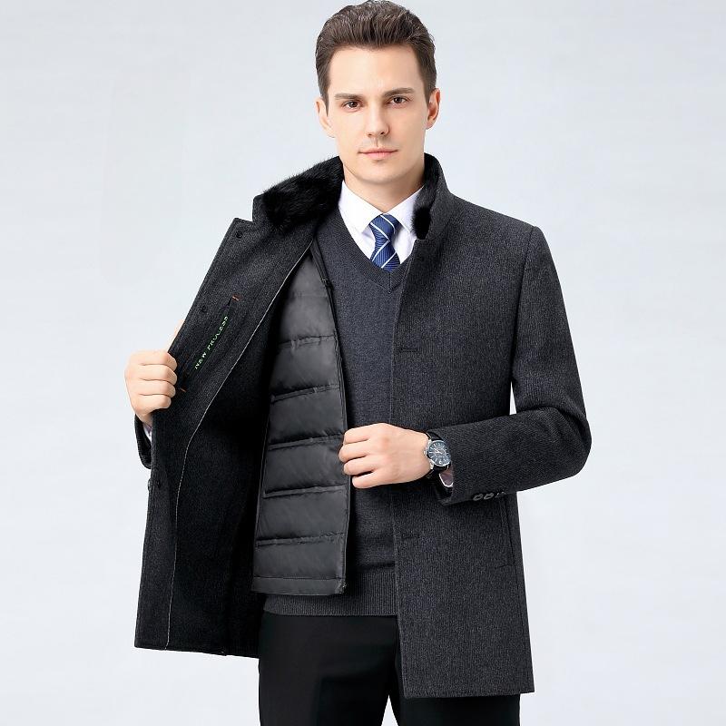 New winter cashmere coat, wool coat, down lining, men's mid-length daddy warm coat
