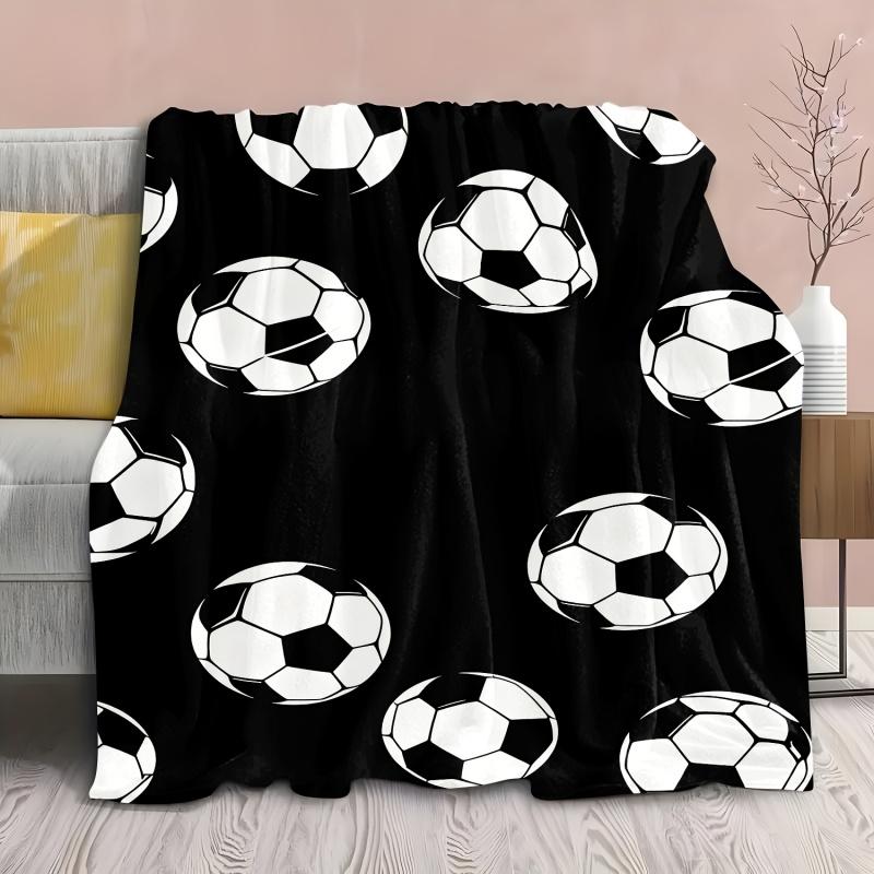 Black White Soccer Ball Print Flannel Blanket Sports Theme Soft Cozy Sofa Bed Throw Blanket
