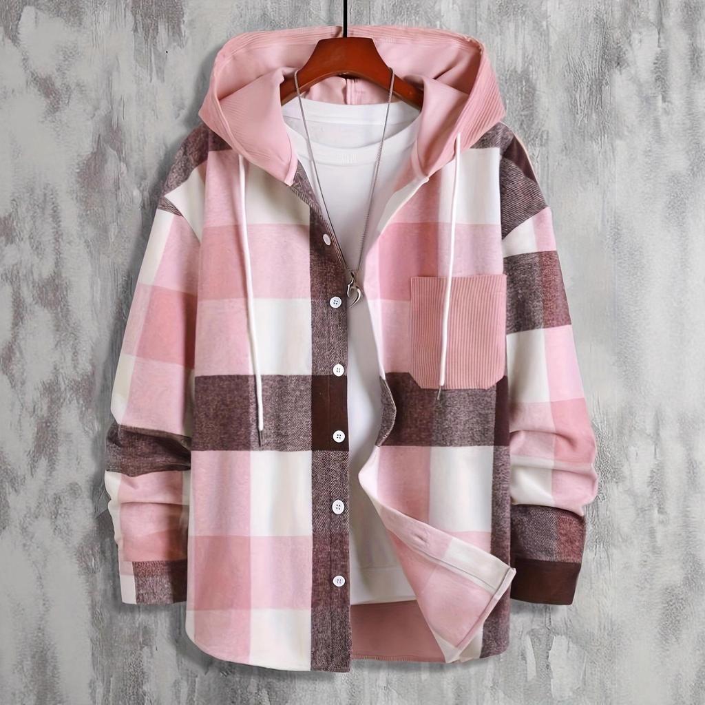 2023 Men's Hooded Plaid Long Sleeve Thickened Shirt - Cold Resistant Autumn Wear