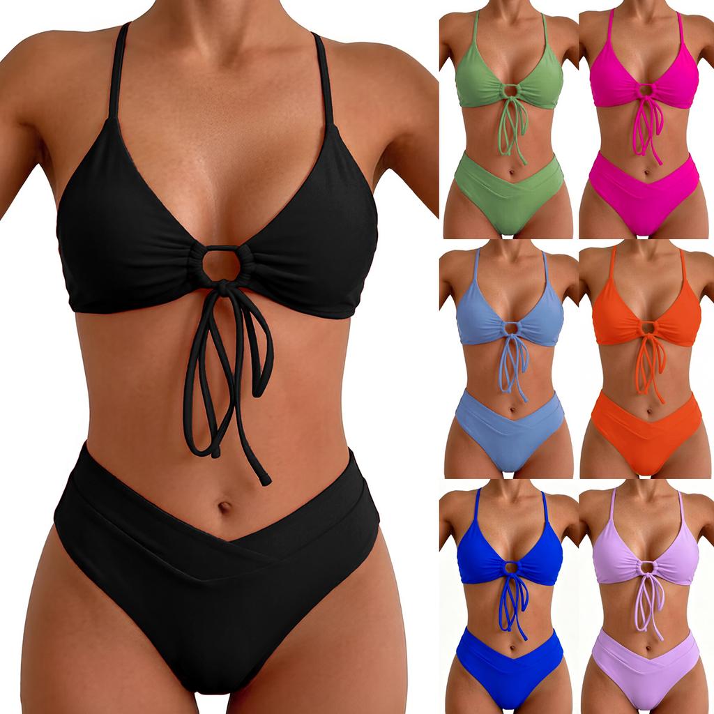 Women Front Tie Cutout V Bikini Set Thin Spaghetti Straps Cross Wrap High Waist Two Piece Bathing Suit