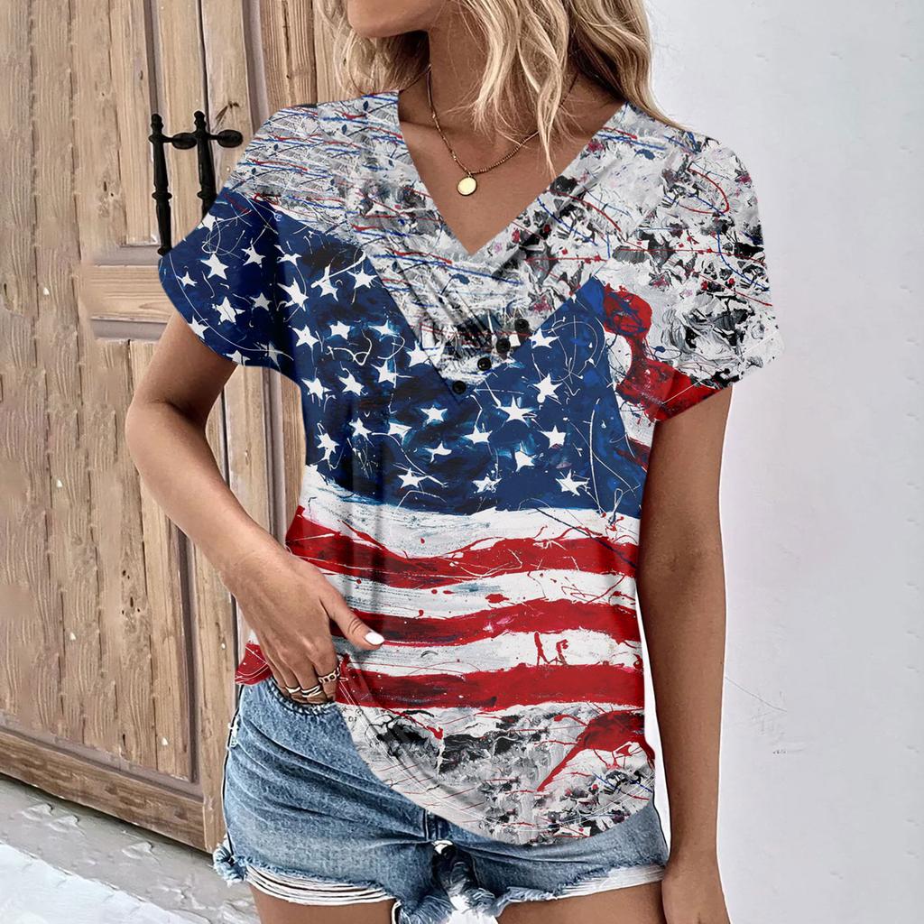 Summer Tops For Women Independence Day Print For Women V-Neck Short Sleeve Comfy Womens Tops Oversized Tshirts