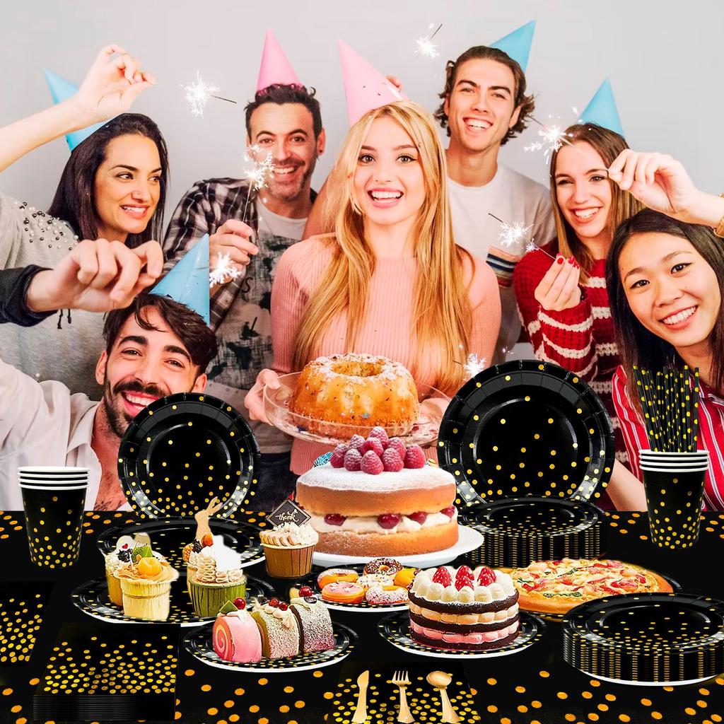 193ks Černo-zlaté párty nádobí, Černá a zlatá tečkovaná papírová sada párty nádobí - Černé a zlaté papírové talíře a kelímky Ubrousky Ubrus atd.