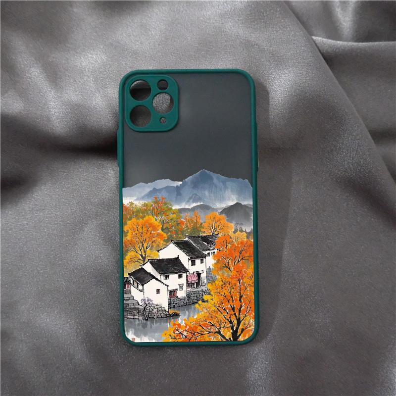 Ink Painting Autumn Scenery House Phone Case for IPhone 16 15 13 12 11 Pro Max Mini 14 Plus SE20 X XS XR Shockproof Hard Covers
