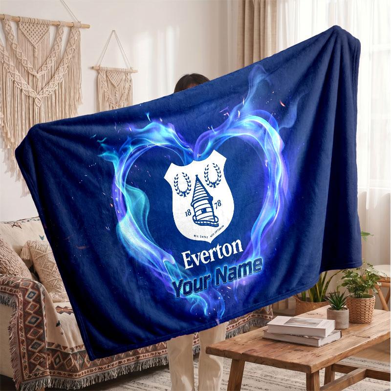 Everton FC Personalized Fleece Blanket With Football Logo, Custom Name Text Soft Warm Home Throw Blanket