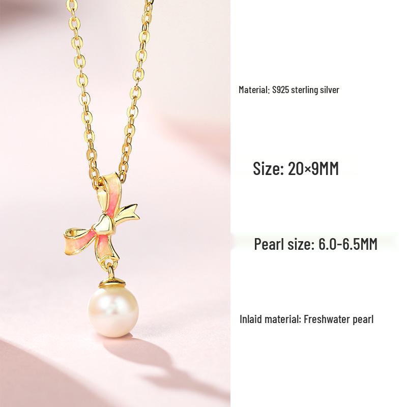 Elegant S925 Silver Freshwater Pearl Heart Bow Enamel Pendant Necklace for Women S925 Silver