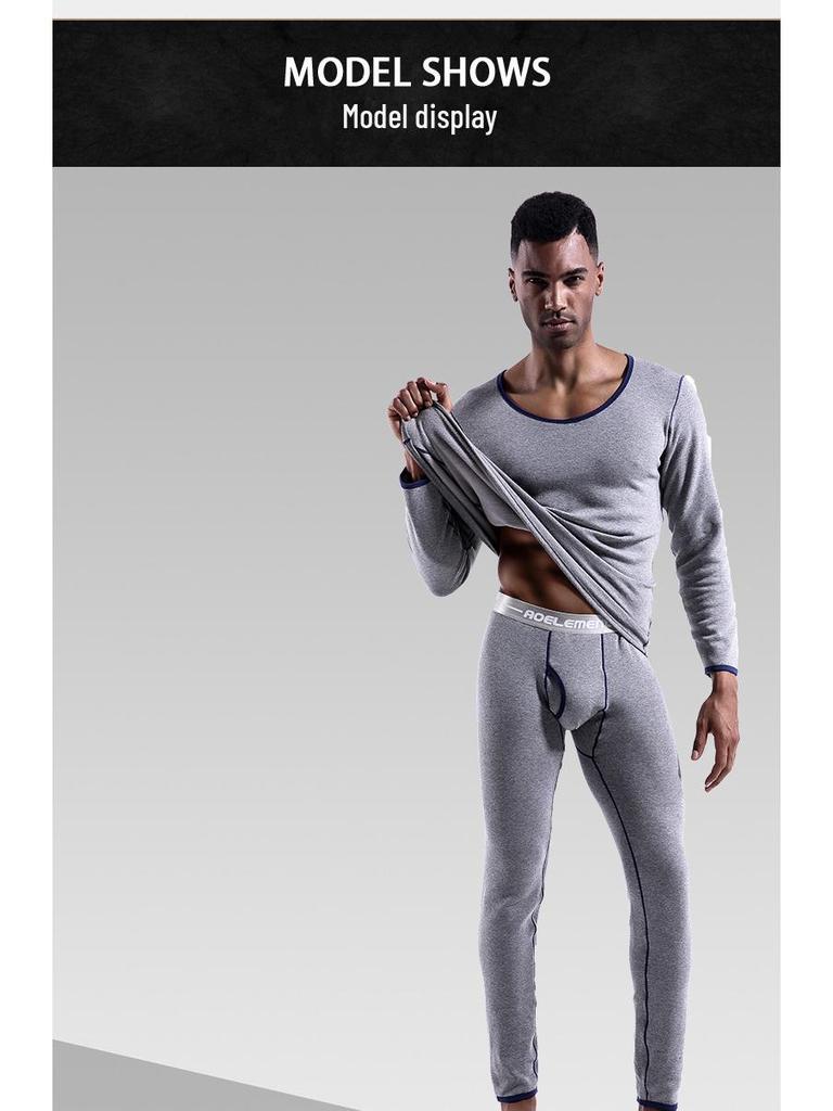 Thermounterwäsche-Set für Herren: Rundhals, V-Ausschnitt, Samtgefüttert, Kältefest, Herbst/Winter Baumwollpullover und Hose.
