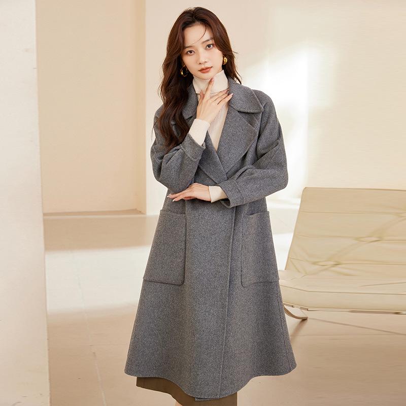 

Женское очень длинное двустороннее шерстяное пальто - Длина ниже колена, Свободный крой, Большой размер, Стиль Хепберн для осенне-зимней моды XL (135-150 jin)