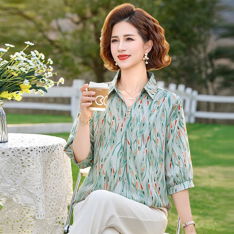 

2026 Seven-Sleeve Lapel Casual Shirt for Middle-Aged and Elderly Mothers, Summer Loose Thin Pullover 5XL зелёный