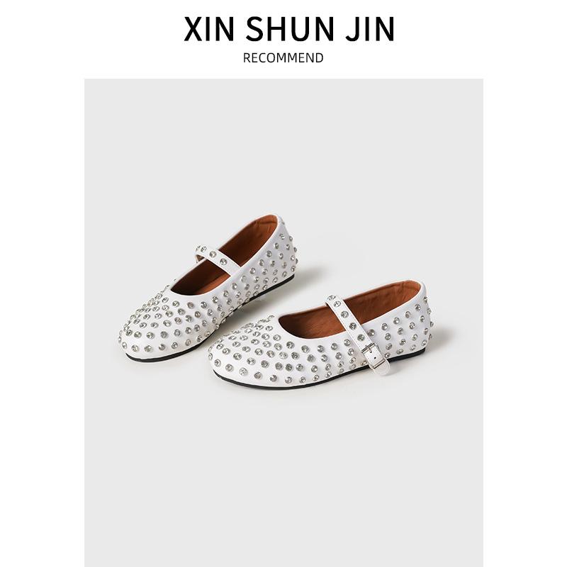 

Round head rhinestone one-word buckle band ballet shoes women ins full diamond flats hollowed out Mary Jane single shoes dancing shoes 35 белый
