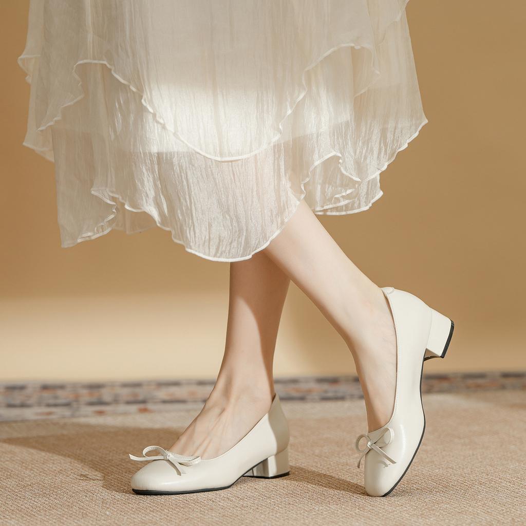Leather retro square head bow light mouth low heel single shoes women's new autumn soft sole fairy style thick heel high heels