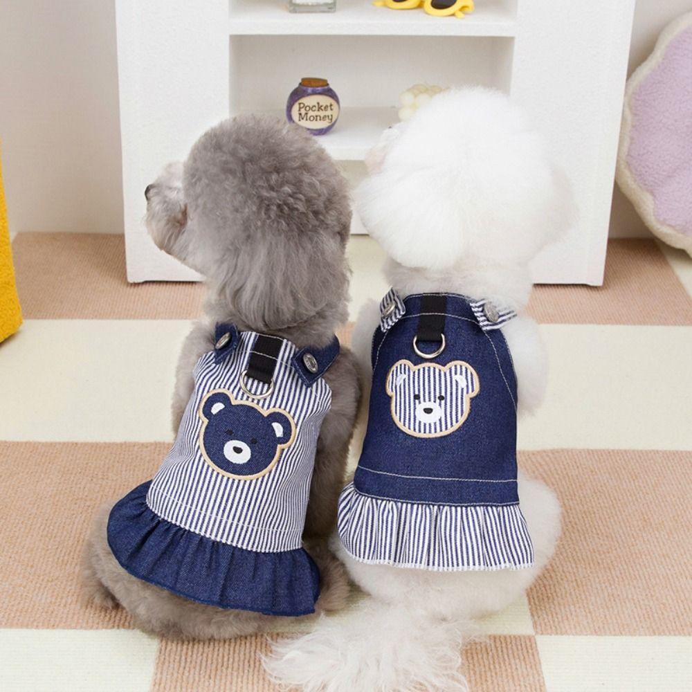 Breathable Pet Strap Denim Skirt Cute Dog Vest Harness Pet Bear Stripe Dress Chihuahua Poodle