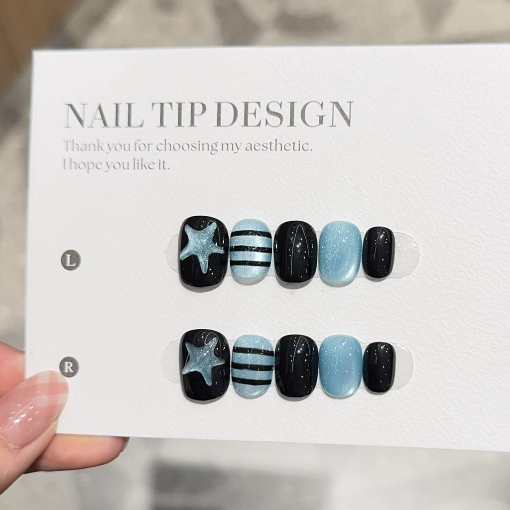 10 Pcs Sweet Cool Short Square Round Handmade False Nails Cute Graffiti Stars Cat Eye Full Cover Press On Nails