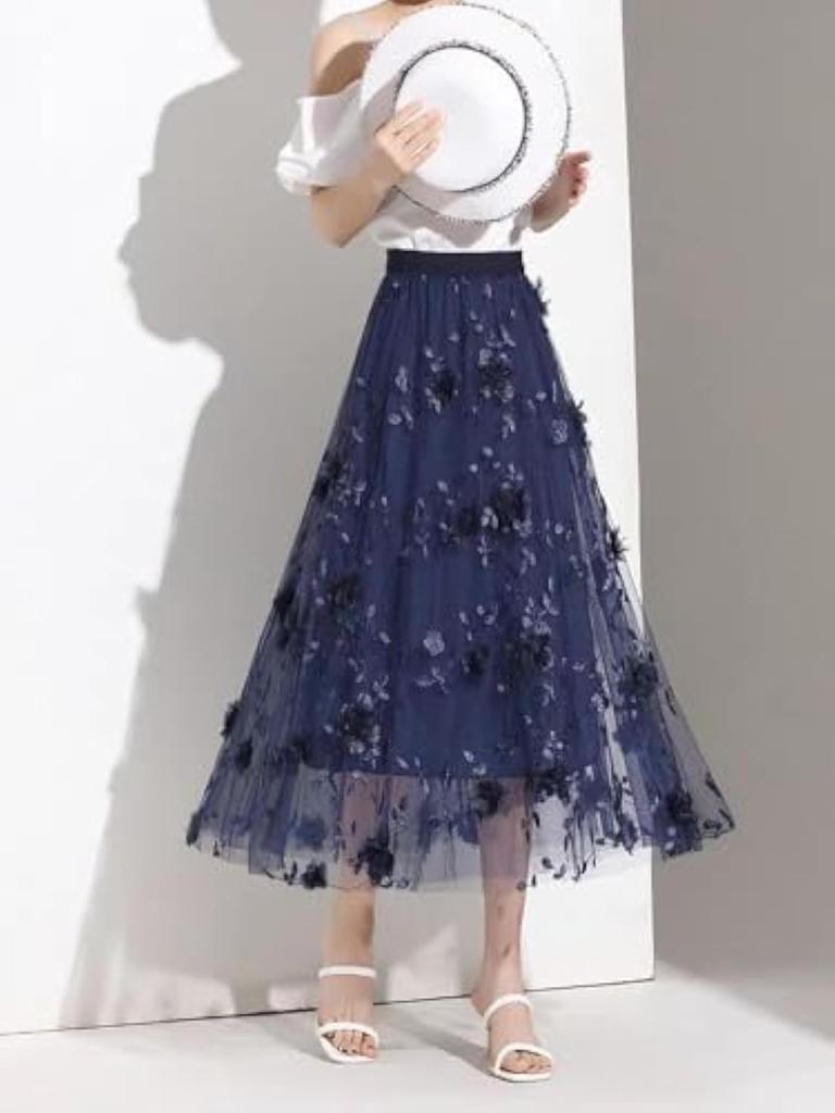 LeafIn Long Floral Elastic Tulle Tutu 8692 Women's Skirt, Print, High-Waisted, Waist, Skirt, Fluffy, Slimming, Figure-Flattering, A-Line, Embroidered,