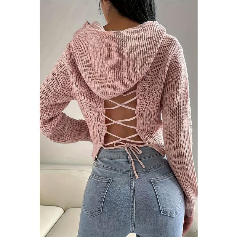 Damski sweter dzianinowy z kapturem, jednolitym kolorem, wiązaniem z tyłu, odkrytymi plecami, długim rękawem, swobodny sweter do pracy