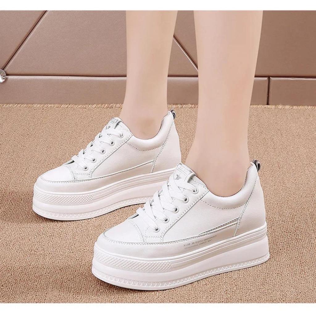 7cm Microfiber Leather Women Casual Shoes White Platform Wedge Hidden Heel Shoes White Shoes Chunky Sneakers Skateboard