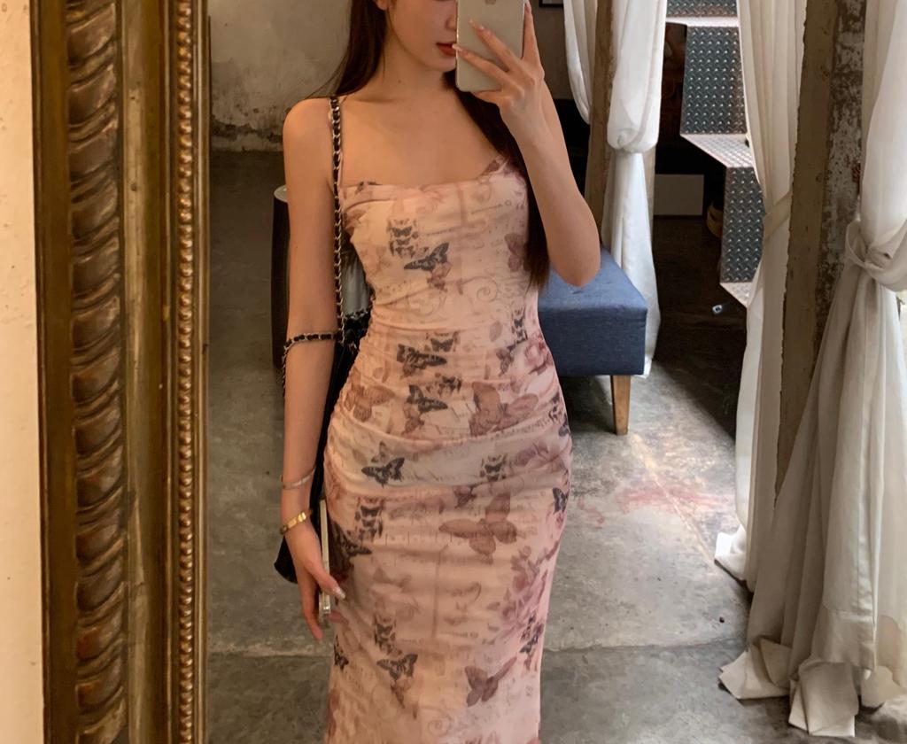 Butterfly Print Spaghetti Strap Waist-Hugging Backless Bodycon Dress for Women - Long, Summer Style