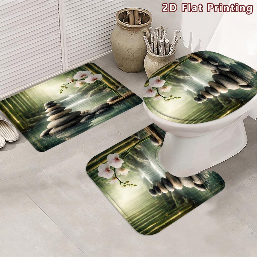 4Pcs 2D Flat Zen and Orchid Shower Curtain Set with Non-Slip Bath Mat, Toilet Lid Cover, Contour Rug & 12 Hooks, Bathroom Decor
