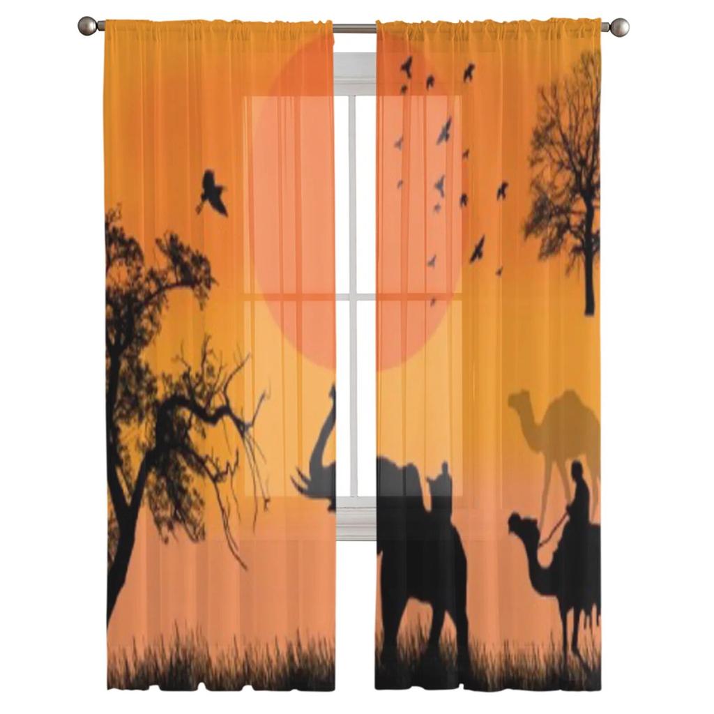 African Safari With Camels And Elephant On Sunset Tulle Sheer Curtains for Living Room Kitchen Decoration Voile Organza Curtains
