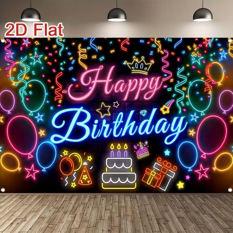 

2D Happy Birthday Neon Backdrop, Colorful Balloon & Confetti Photography Background 47.2x31.5inch/120*80cm