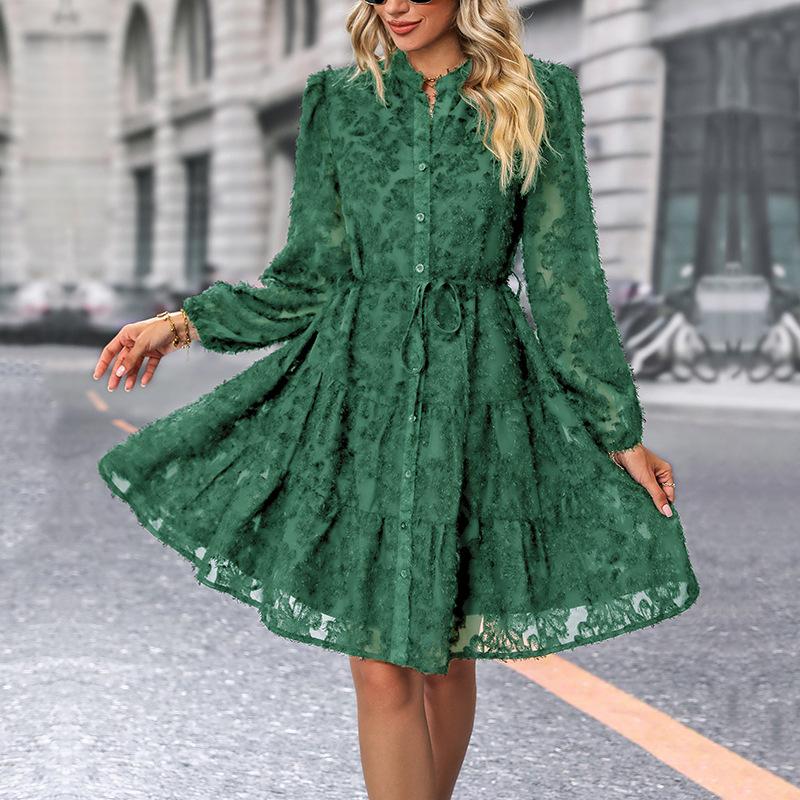 Jacquard Lace-Up Skirt  Spring/Summer New European And American Jacquard Long SleevesExplosive Dress