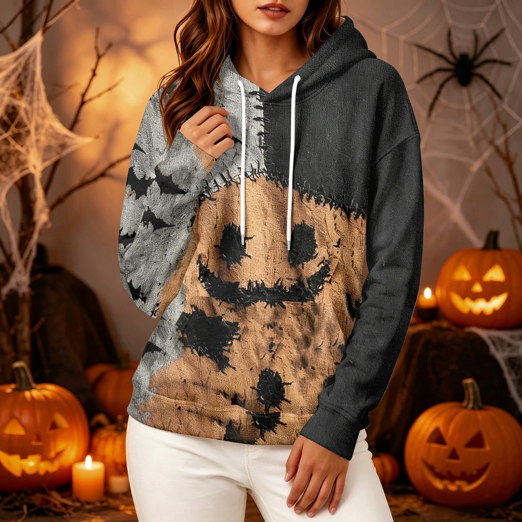 Women's Long Sleeve Pullover Hoodie with Halloween Print for Casual Outings