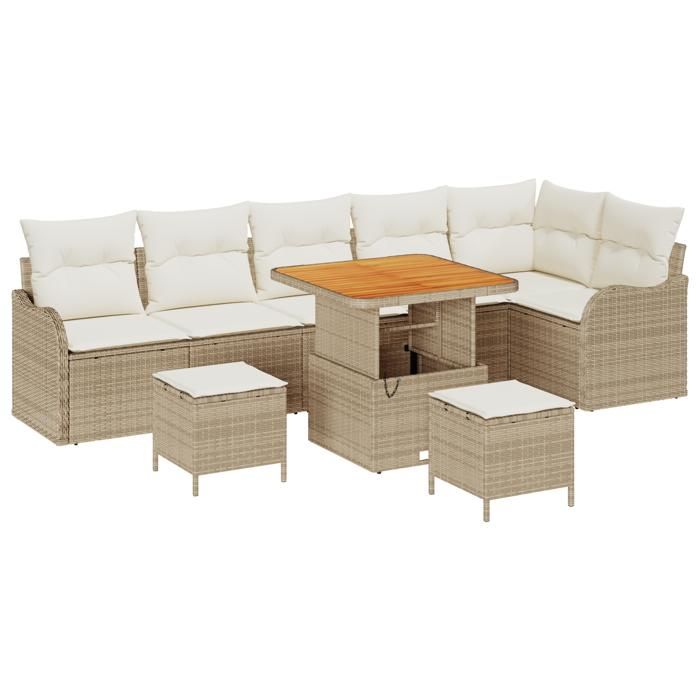 Ensemble de Canapés de Jardin de 9 Pièces avec Coussins Beige Rattan Acacia, Canapé de Jardin 2 Places avec Coussins Beige 3362281