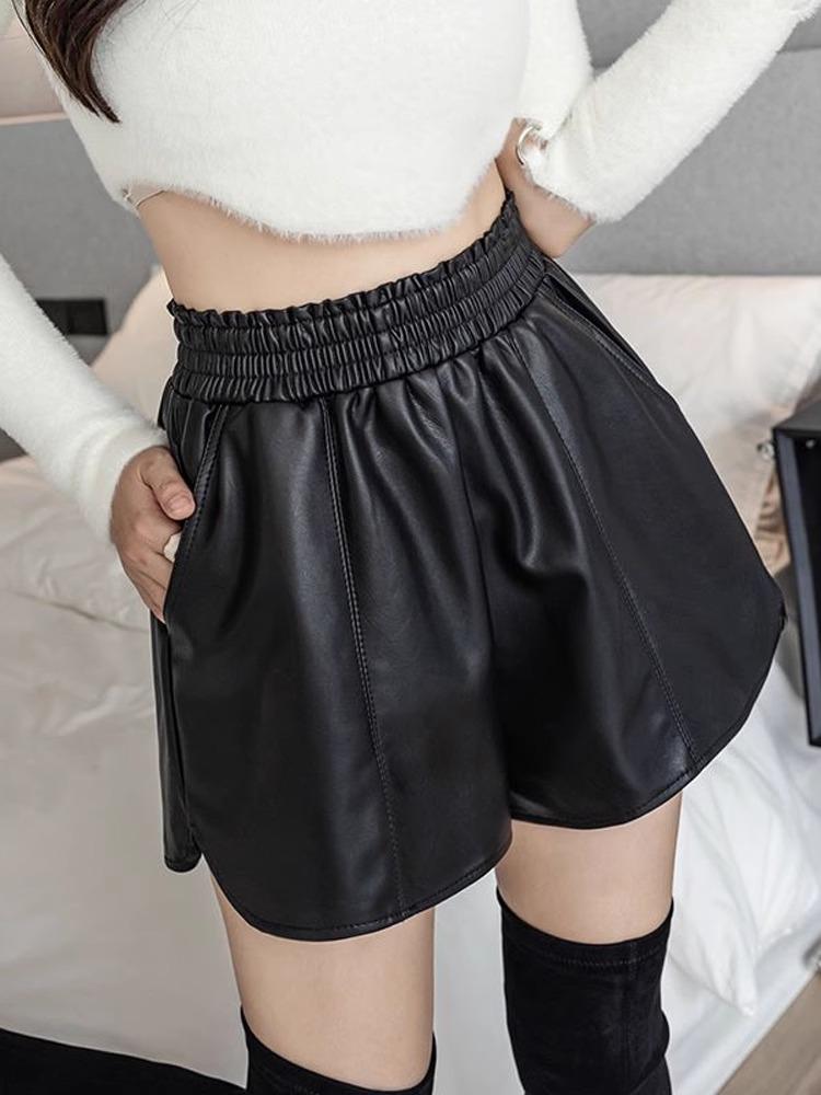 

Women s High Waist PU Leather A-Line Shorts - Casual Korean Style for Spring & Autumn 2XL чорний