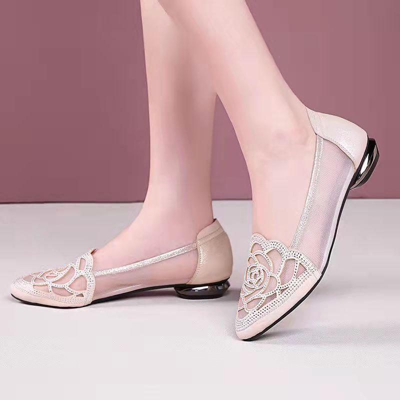 Large Size Hollow Breathable Sandals, New Low-heeled One-pedal Rhinestone Bag Head Mesh Pointed Single Shoes In Summer 2025