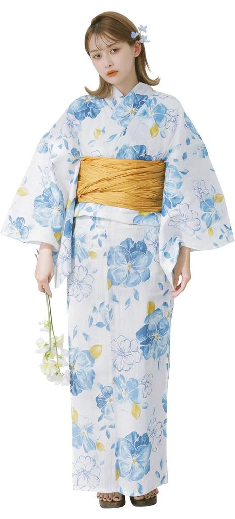 Dita Yukata Set with Obi In Light and Features a Watercolor and Transparent Floral Elegant and Easy To Dress No Hana Free Women's 5-Piece (Heko) Blue,