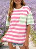 Womens Striped Color Block T Shirt Oversized Short Sleeve Loose Summer Top