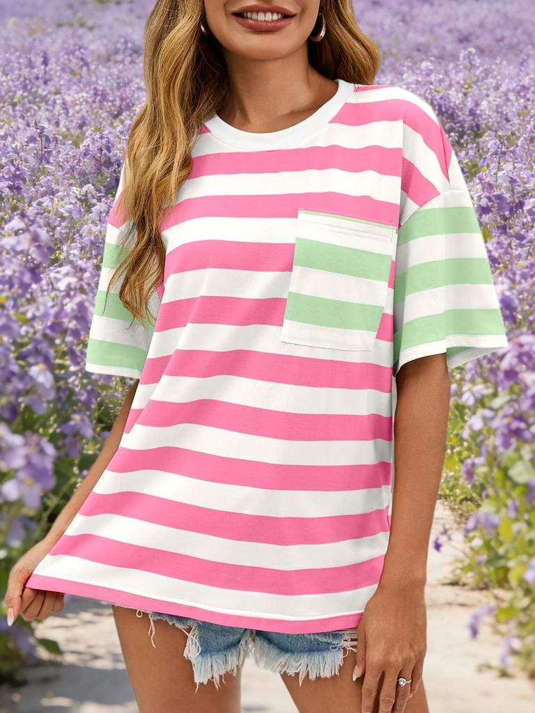 Womens Striped Color Block T Shirt Oversized Short Sleeve Loose Summer Top