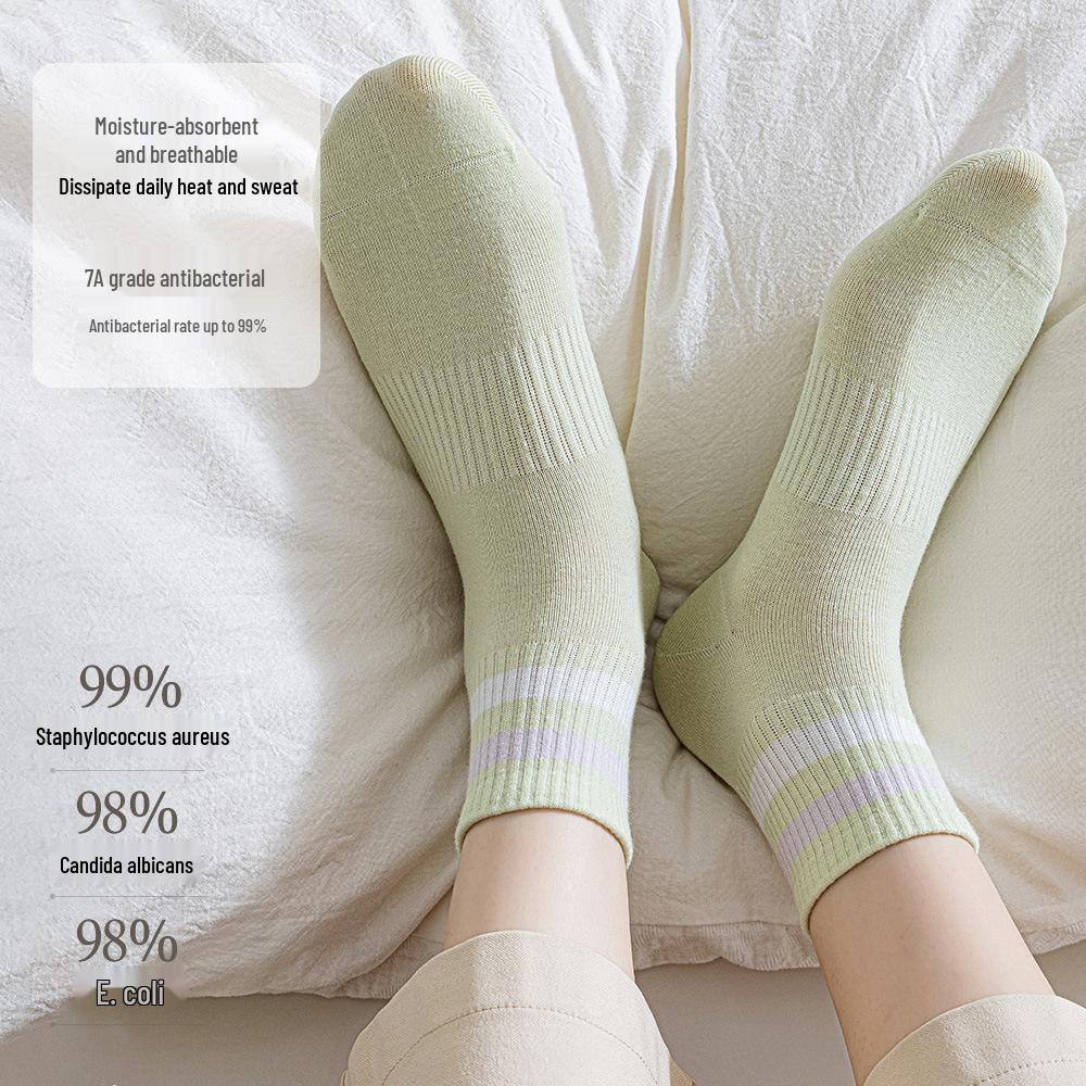 Women's Cotton Mid-Calf Socks - Antibacterial, Sweat-Absorbing, Deodorant, Casual Sport Striped for Spring/Summer