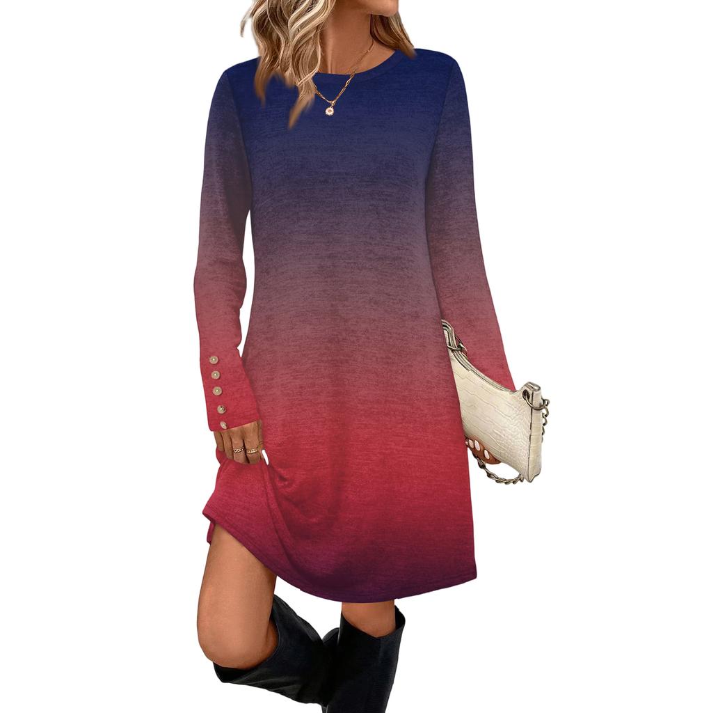 Damenmode Freizeitkleid mit Tasche, dekorativen Knöpfen, Rundhalsausschnitt und langen Ärmeln