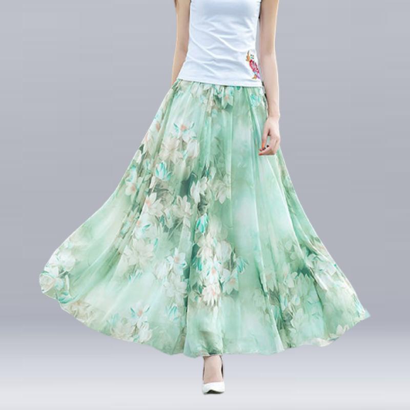 Women Summer Chiffon Skirts Summer Plus Size Bohemian Floral Big Swing Female Beach Long Skirt A-line Faldas