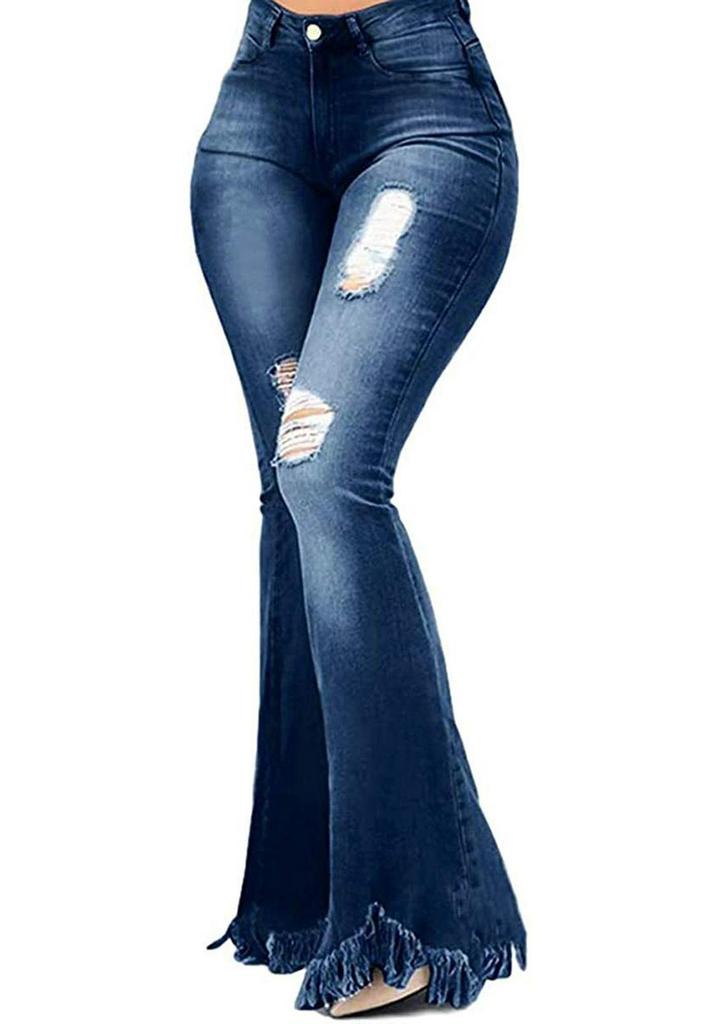 2022 European & American Women's High Elastic Ripped Flare Jeans