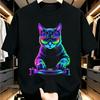 Neon Regenbogen DJ Katze mit Sonnenbrille Plattenspieler EDM Druck T-Shirt Streetwear Tee Tops 100% Baumwolle Slim Fit T-Shirts