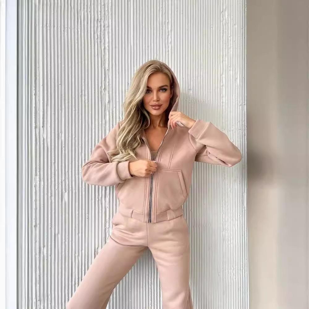 European-American Fleece-Lined Hooded Sweatshirt and Pants Set for Women - Autumn/Winter