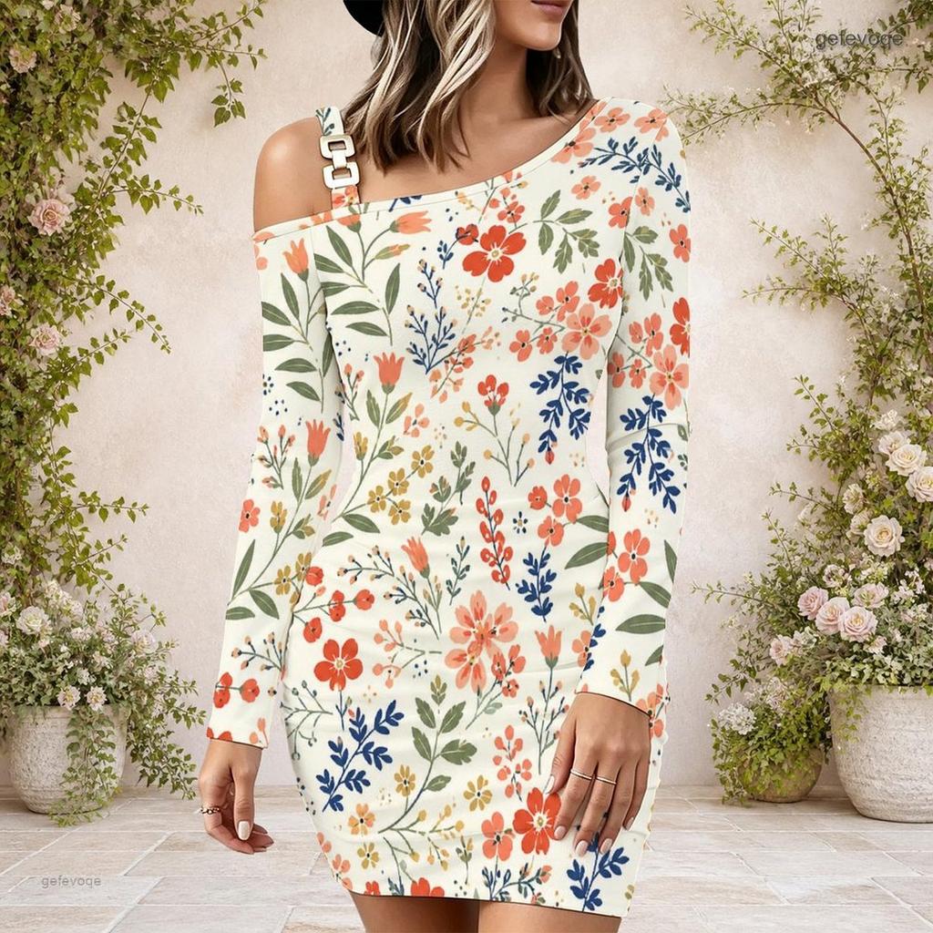 Ladies Plus Size One Side Off Shoulder Long Sleeve Dress