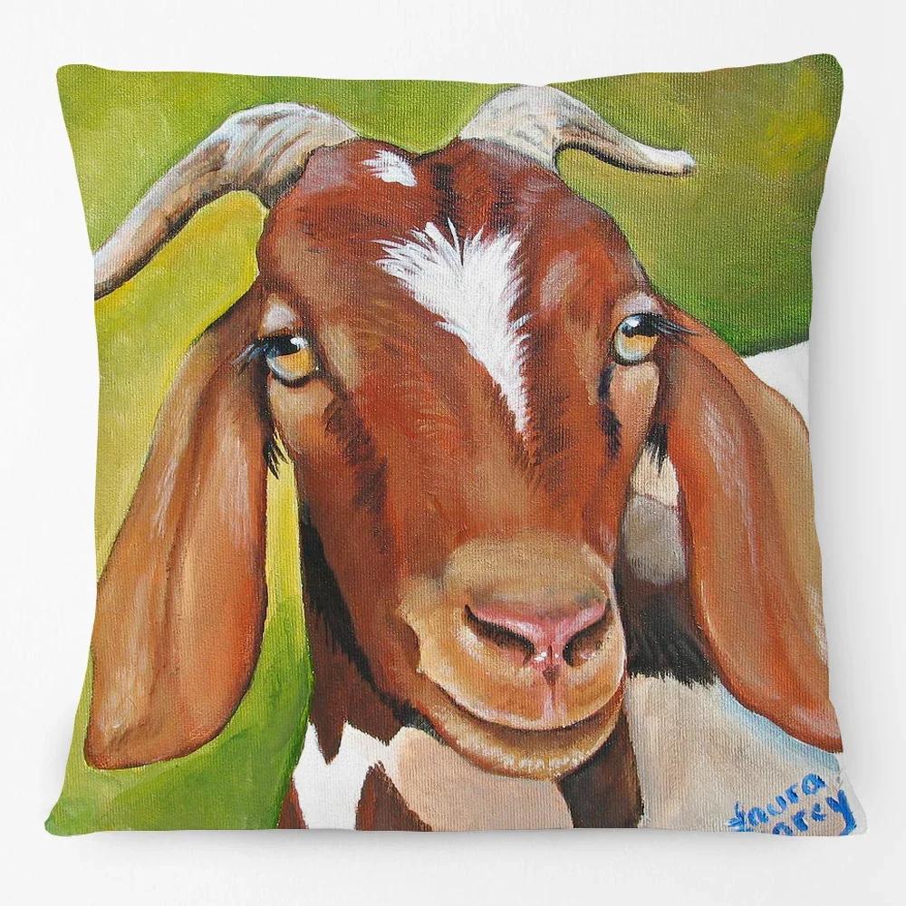 Oil Painting Farm Animals Poster Cushion Cover Cow Sheep Goat Rustic Style Home Decorative Square Pillow Case