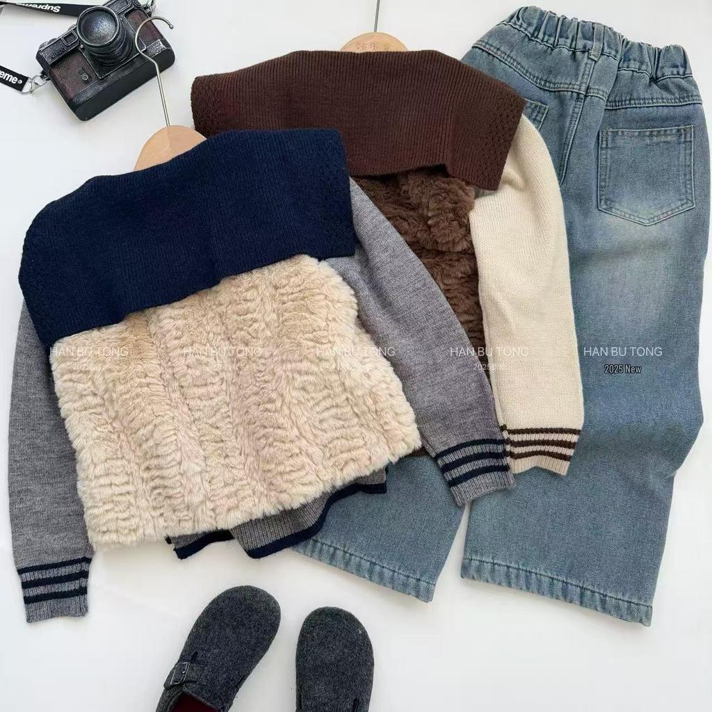 Girls' 2025 Autumn/Winter Stylish Korean Faux Fur Vest & Jeans Set