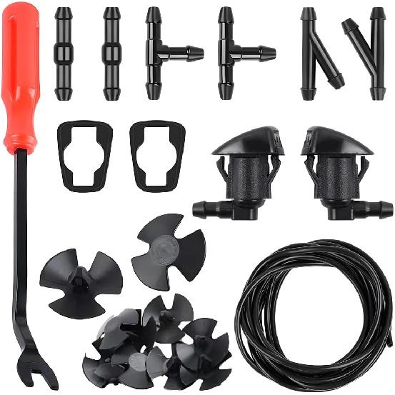 Mandark Car Windshield Washer Nozzle Hose Kit, 2Pcs Washer Nozzles &Gaskets, 12Pcs Hose Connectors, 10Pcs Hood Retainers, Fluid Hose And Fastener