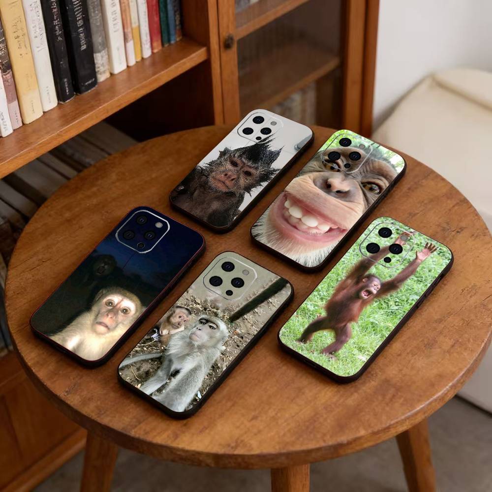 Funny Cute Monkey Meme Phone Case For iPhone 17,16,15,14,13,12,11 Plus,Pro Max,XS,Soft Silicone Black Cover