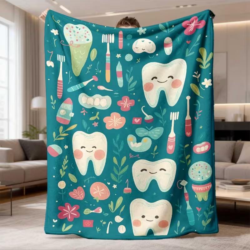Cute Cartoon Teeth Dental Care Print Blanket Soft Teal Oral Hygiene Blanket Dentist Office Decor Nap Blanket