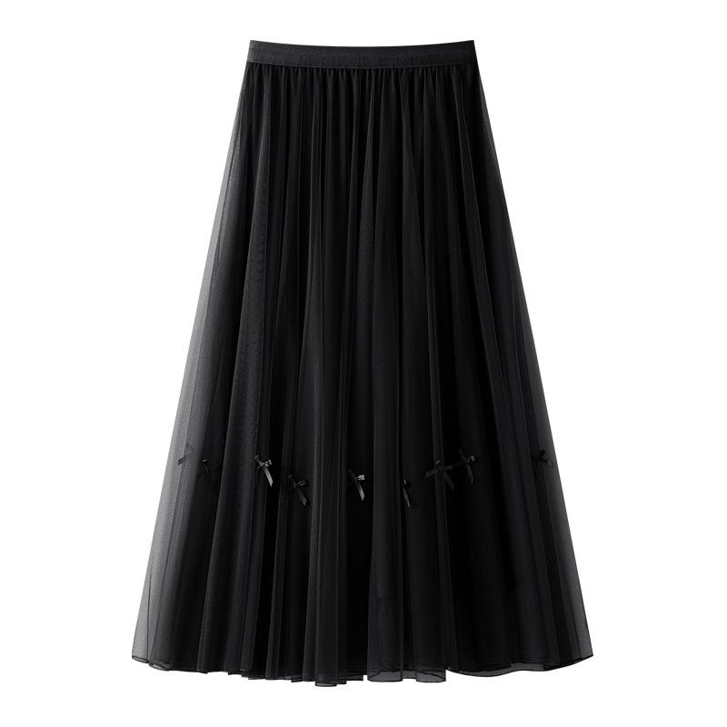 White Women's Drapey A-Line Mesh Skirt - 2024 New Autumn, Spring Mid-Length Pleated Style