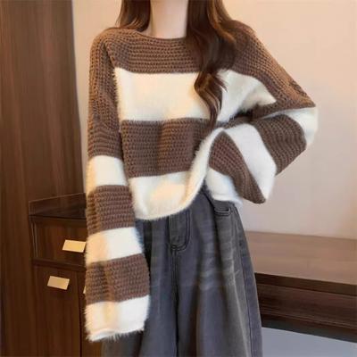 Suéter Corto de Rayas para Mujer Otoño/Invierno Retro Contraste Holgado Estilo Perezoso Jersey de Punto