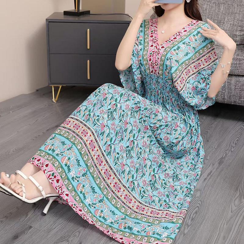 25th Anniversary Ethnic V-Neck Rayon Short Sleeve French-Thai Print Holiday Dress for Women